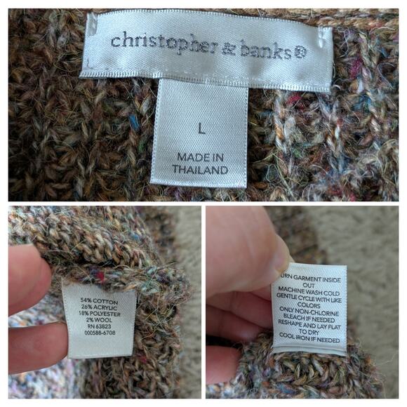 Christopher & Banks Chunky Knit Sweater L Brown Cotton Blend Rainbow Speckles - Picture 3 of 6